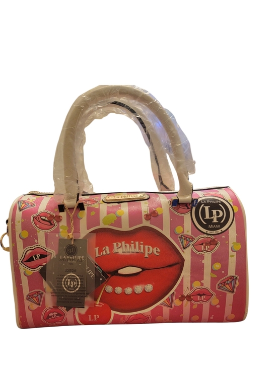 Handbags - LA Philipe Pink Lip-Print Barrel Bag